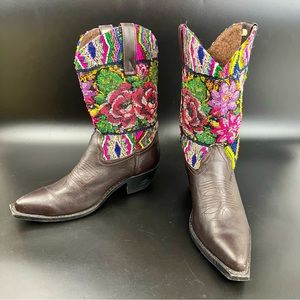 Vintage Signed Custom Floral Embroidered Leather Cowboy Boots Woman’s Size 9